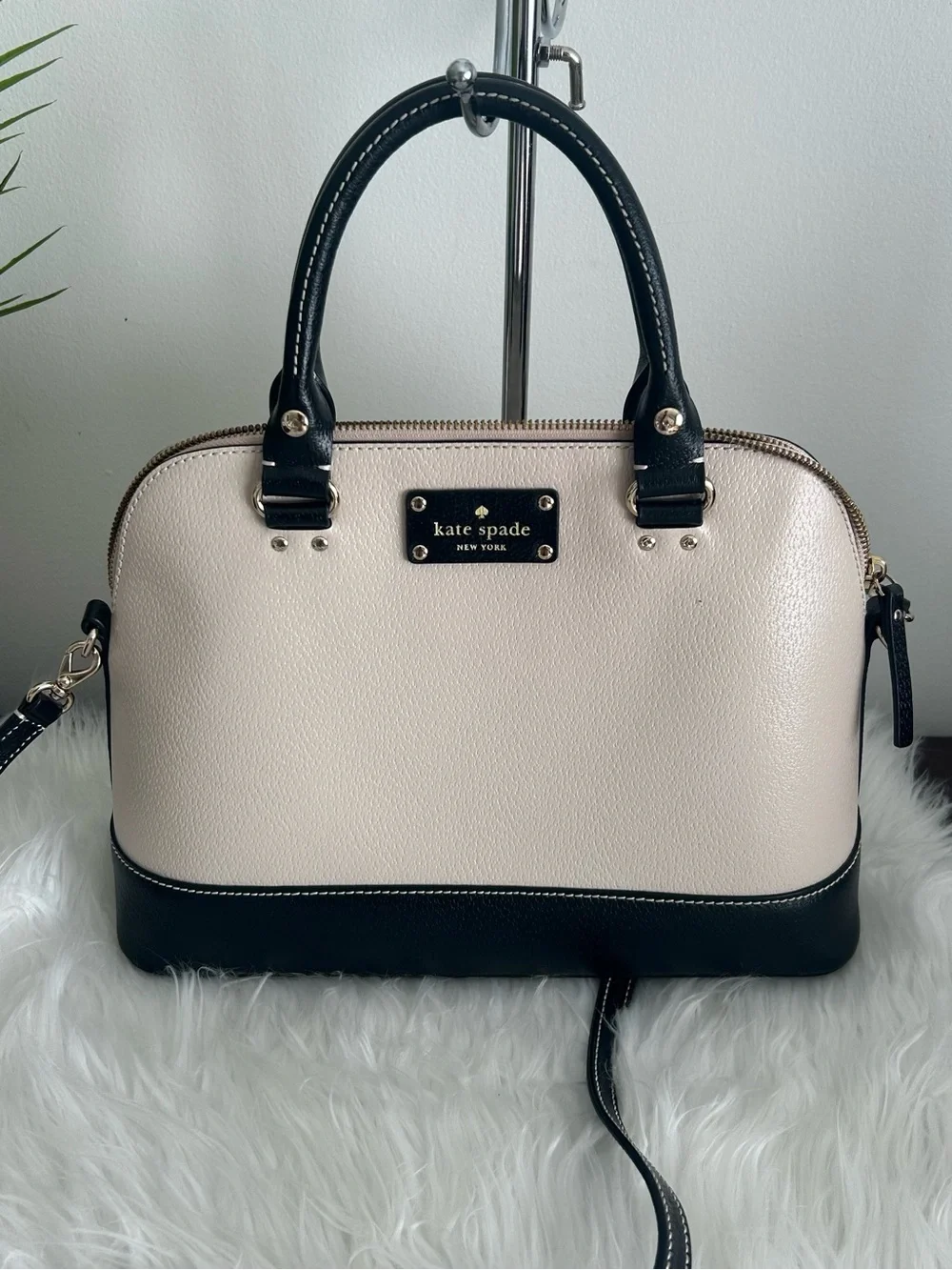Kate Spade Cream Black Leather Dome Satchel Crossbody Shoulder Bag